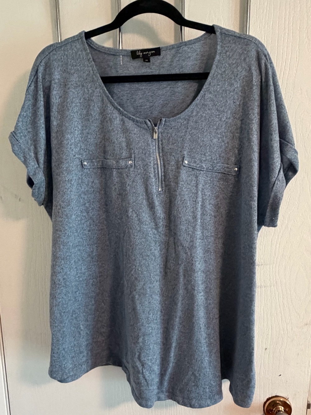 Short Sleeve Zip Front Top — Heather Blue